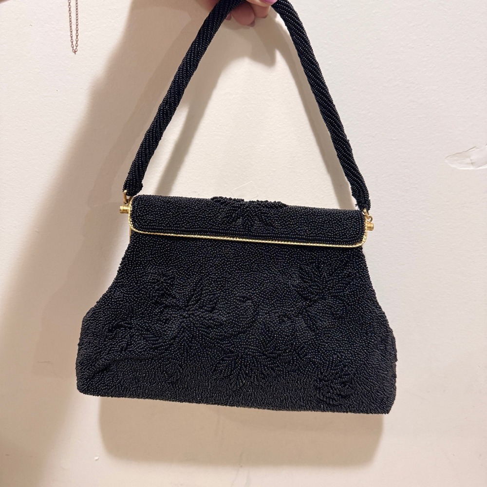 Vintage 1960s Black Hand Beaded Floral Evening Handbag Made in Hong Kong